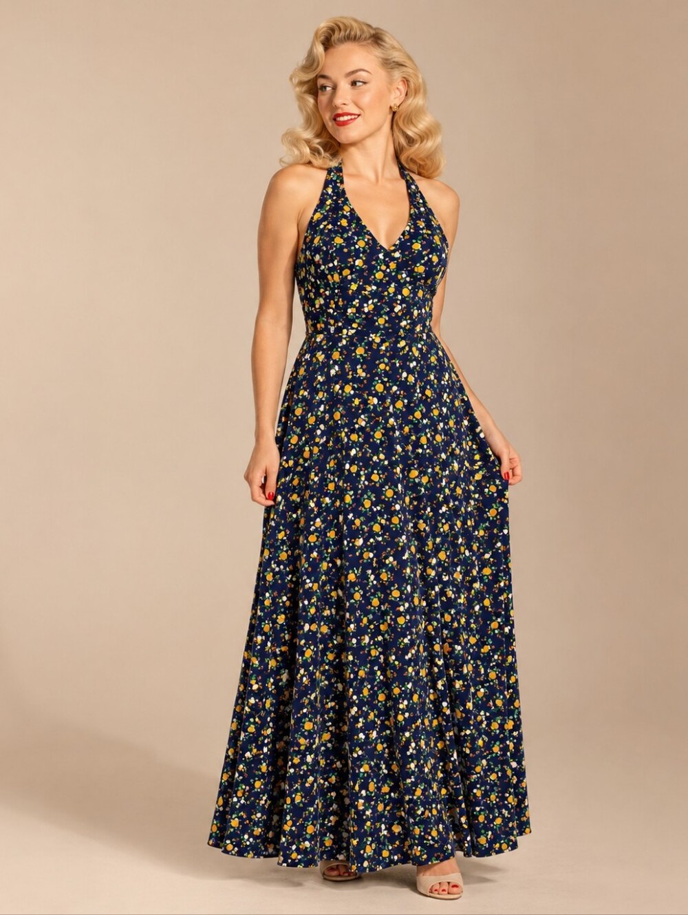 Vintage Handmade Floral Halter Dress Size XS/S Blue Maxi Retro